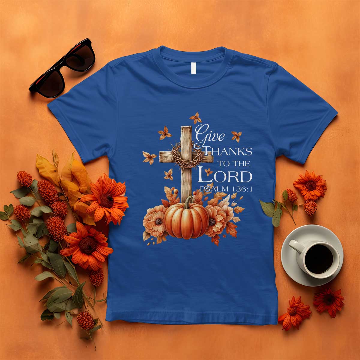 Thanksgiving Christ T Shirt Give Thanks To The Lord Psalm 136:1 Pumpkin Cross - Wonder Print Shop