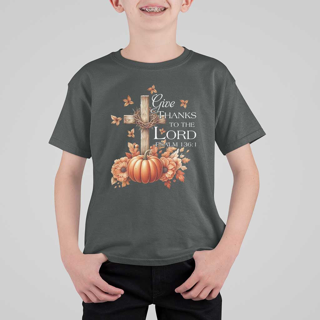 Thanksgiving Christ T Shirt For Kid Give Thanks To The Lord Psalm 136:1 Pumpkin Cross - Wonder Print Shop