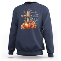 Thanksgiving Christ Sweatshirt Give Thanks To The Lord Psalm 136:1 Pumpkin Cross - Wonder Print Shop