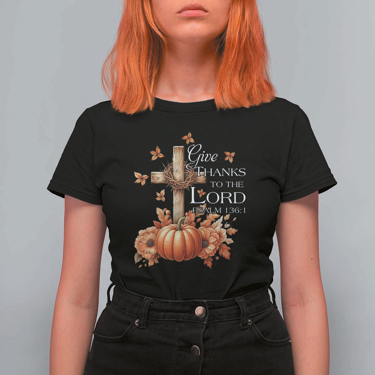 Thanksgiving Christ T Shirt For Women Give Thanks To The Lord Psalm 136:1 Pumpkin Cross - Wonder Print Shop