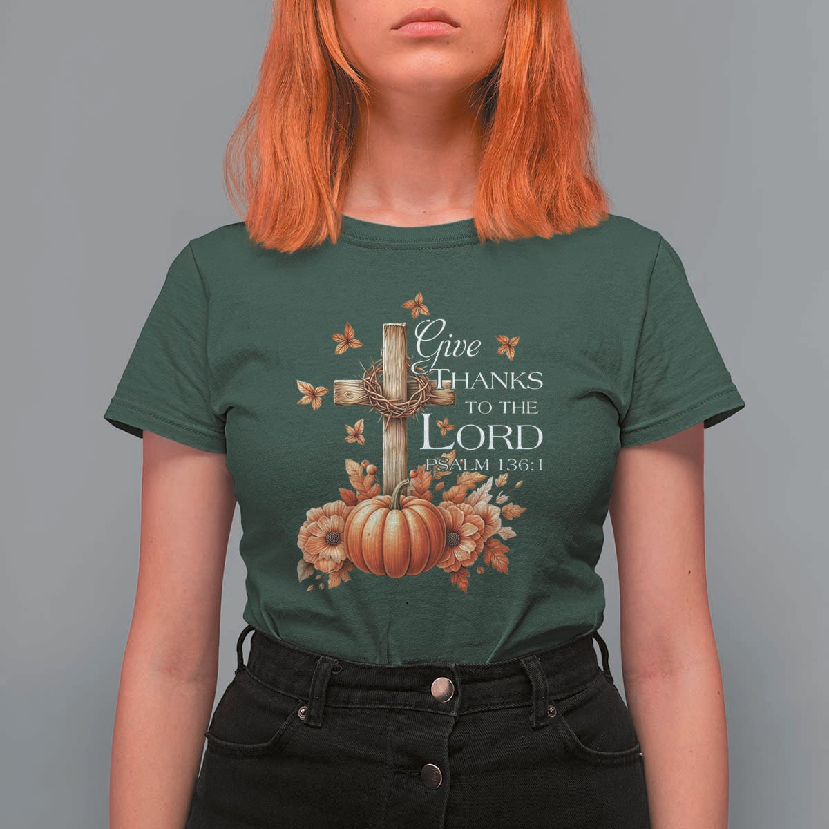 Thanksgiving Christ T Shirt For Women Give Thanks To The Lord Psalm 136:1 Pumpkin Cross - Wonder Print Shop