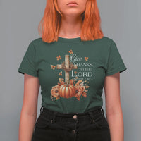 Thanksgiving Christ T Shirt For Women Give Thanks To The Lord Psalm 136:1 Pumpkin Cross - Wonder Print Shop