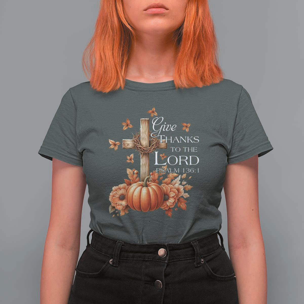 Thanksgiving Christ T Shirt For Women Give Thanks To The Lord Psalm 136:1 Pumpkin Cross - Wonder Print Shop