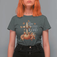 Thanksgiving Christ T Shirt For Women Give Thanks To The Lord Psalm 136:1 Pumpkin Cross - Wonder Print Shop