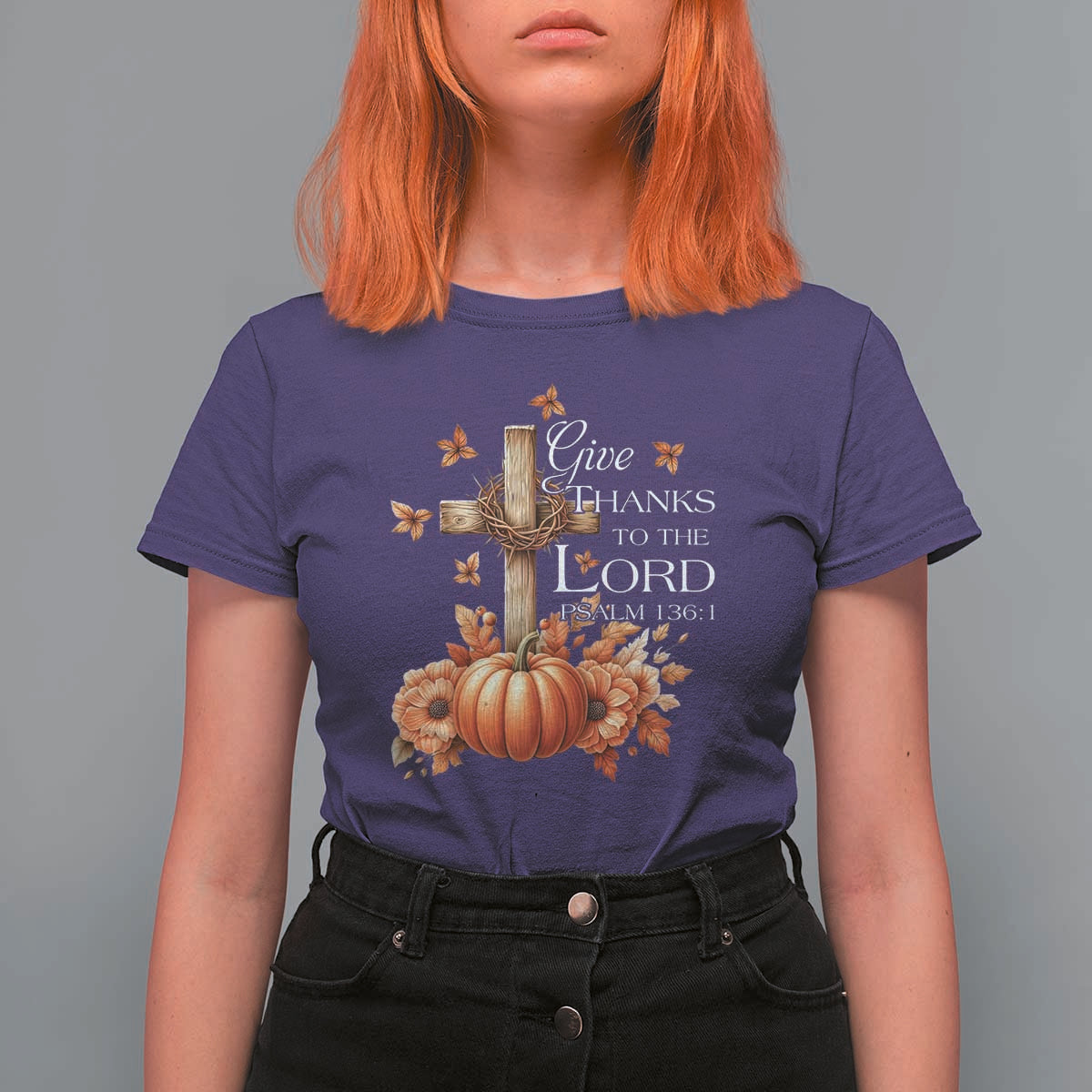 Thanksgiving Christ T Shirt For Women Give Thanks To The Lord Psalm 136:1 Pumpkin Cross - Wonder Print Shop