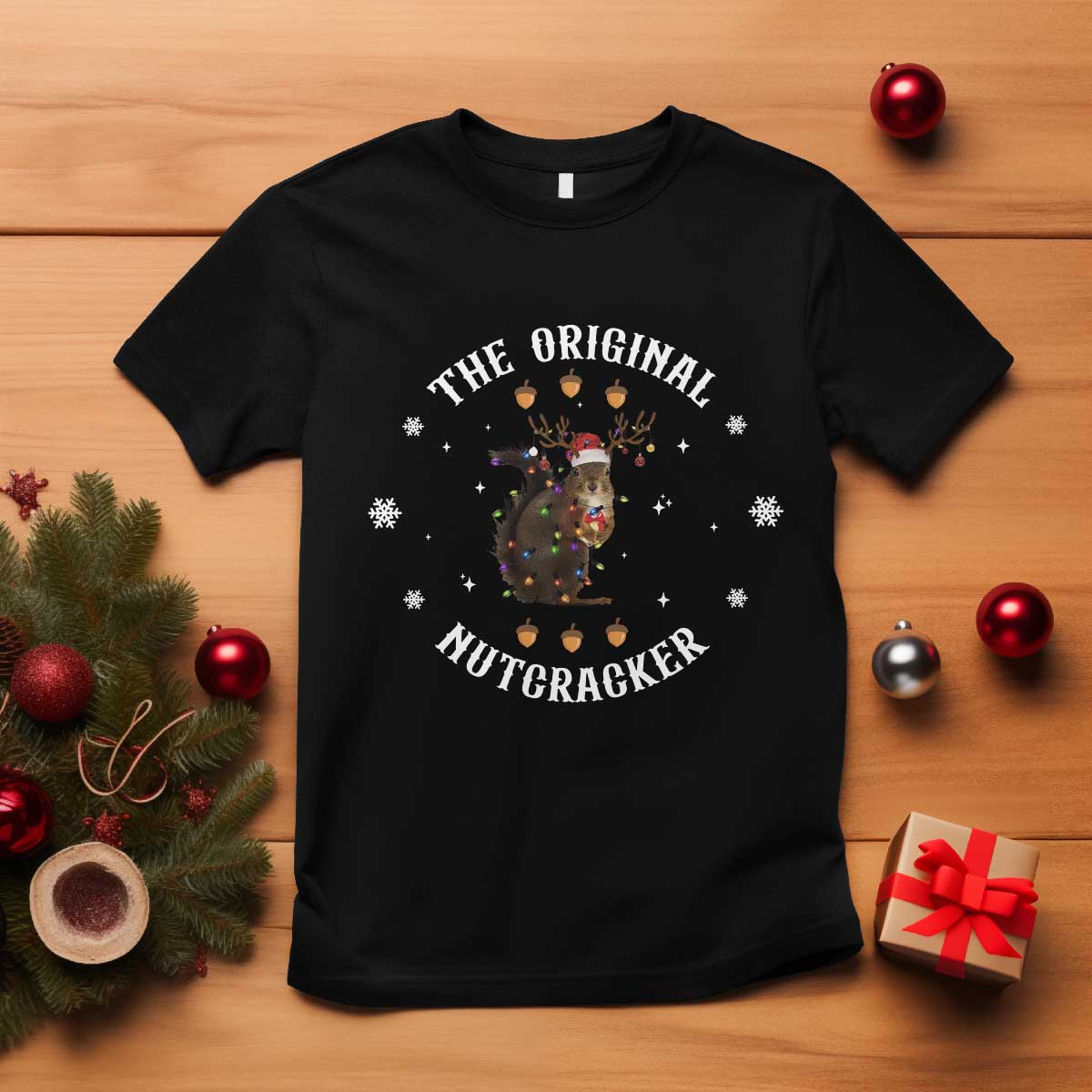 Funny Christmas Squirrel T Shirt The Original Nutcracker Snowflake Xmas Neon Light - Wonder Print Shop