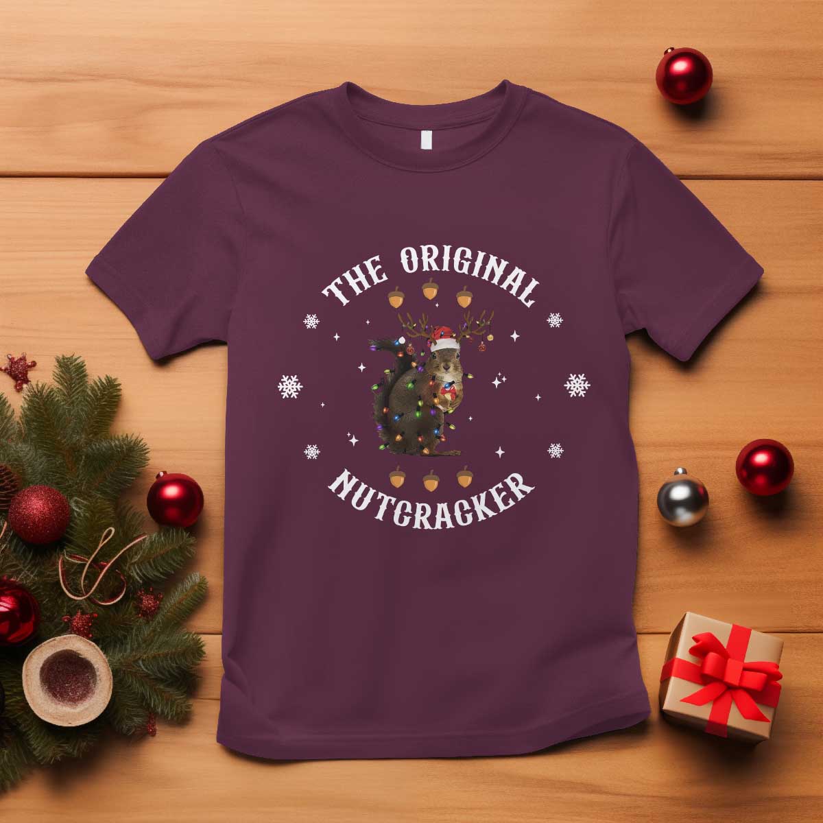 Funny Christmas Squirrel T Shirt The Original Nutcracker Snowflake Xmas Neon Light - Wonder Print Shop