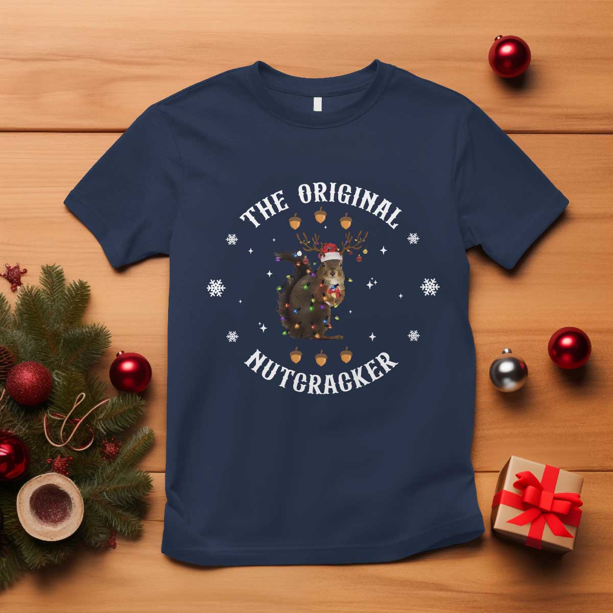 Funny Christmas Squirrel T Shirt The Original Nutcracker Snowflake Xmas Neon Light - Wonder Print Shop