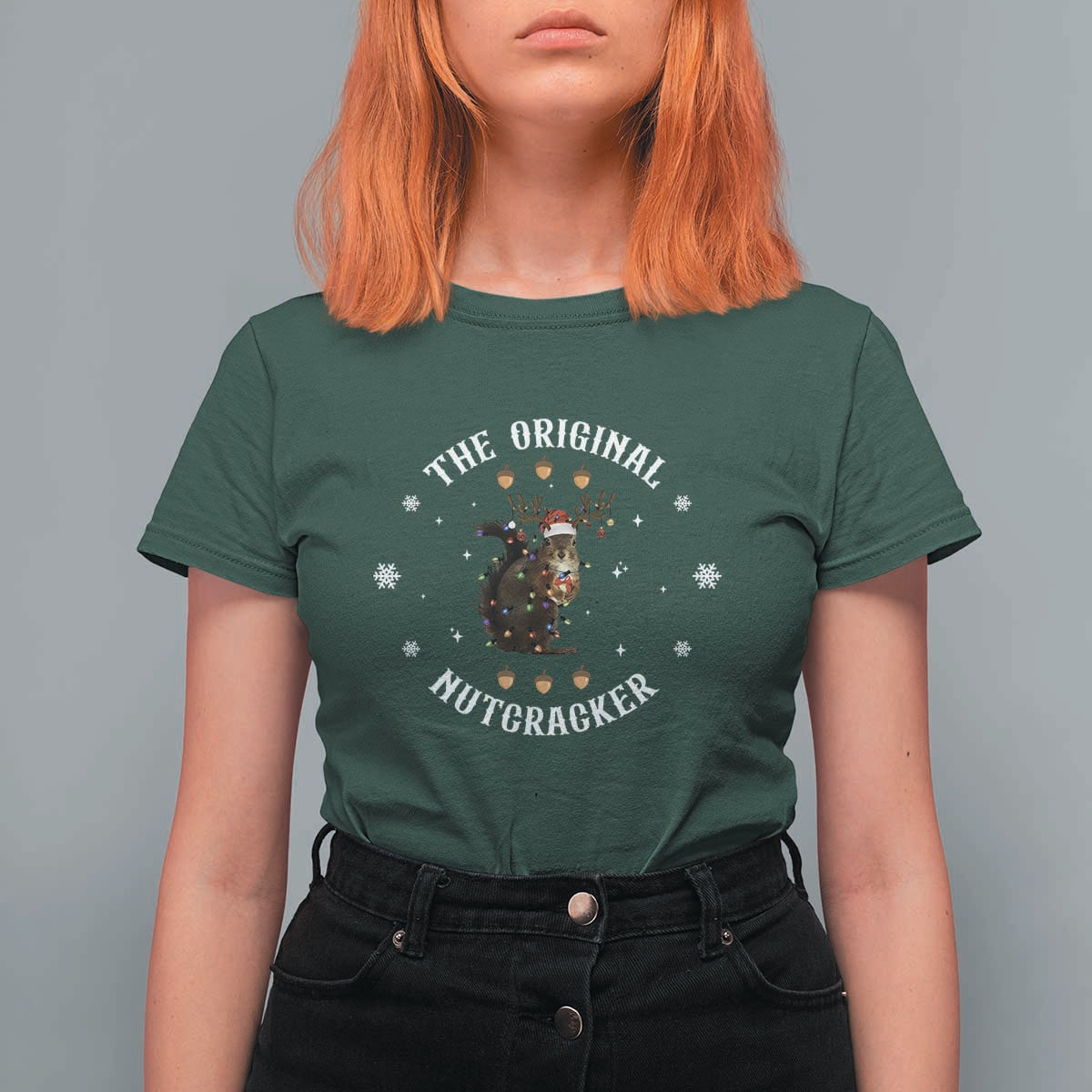 Funny Christmas Squirrel T Shirt For Women The Original Nutcracker Snowflake Xmas Neon Light - Wonder Print Shop