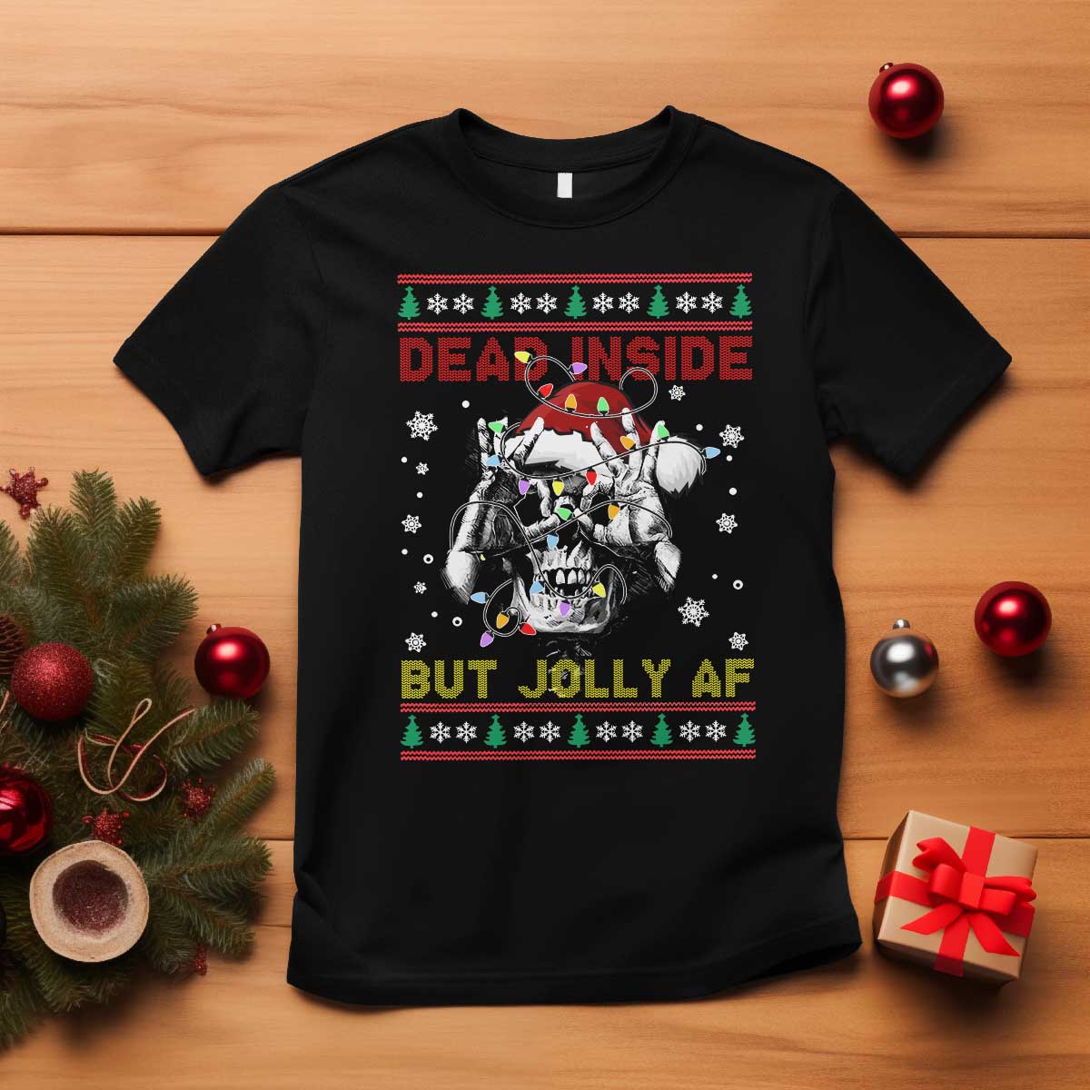 Funny Christmas Skeleton T Shirt Dead Inside But Jolly AF Santa Hat - Wonder Print Shop