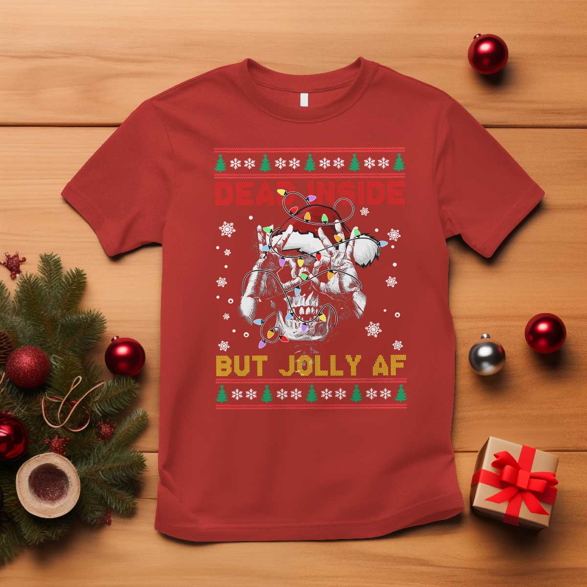 Funny Christmas Skeleton T Shirt Dead Inside But Jolly AF Santa Hat - Wonder Print Shop