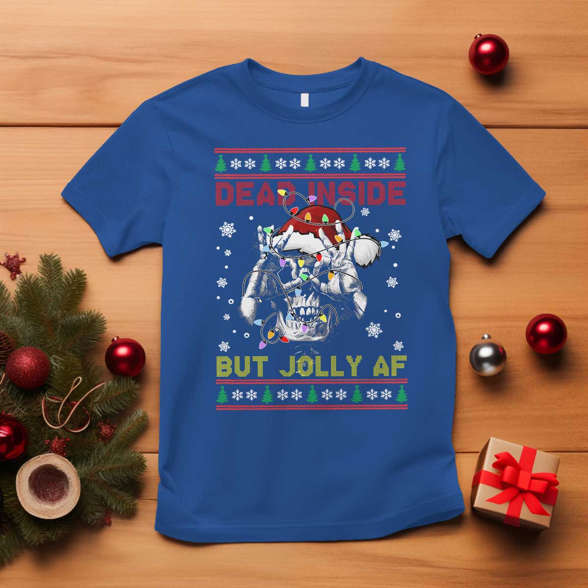 Funny Christmas Skeleton T Shirt Dead Inside But Jolly AF Santa Hat - Wonder Print Shop