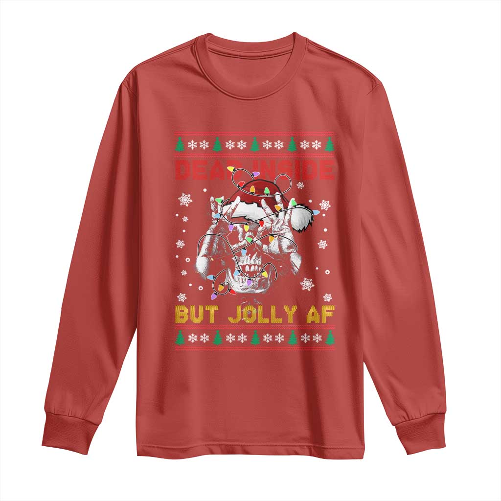 Funny Christmas Skeleton Long Sleeve Shirt Dead Inside But Jolly AF Santa Hat