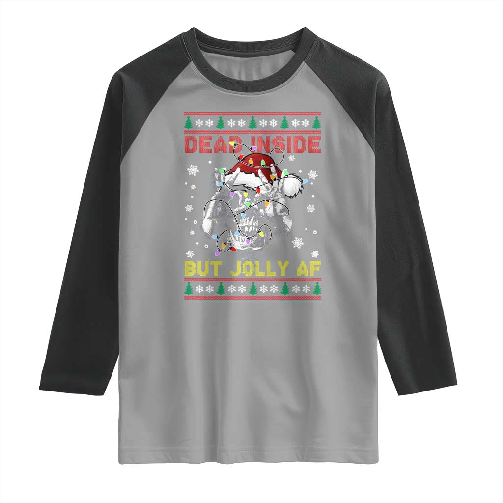 Funny Christmas Skeleton Raglan Shirt Dead Inside But Jolly AF Santa Hat - Wonder Print Shop