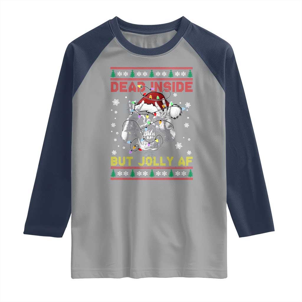 Funny Christmas Skeleton Raglan Shirt Dead Inside But Jolly AF Santa Hat - Wonder Print Shop