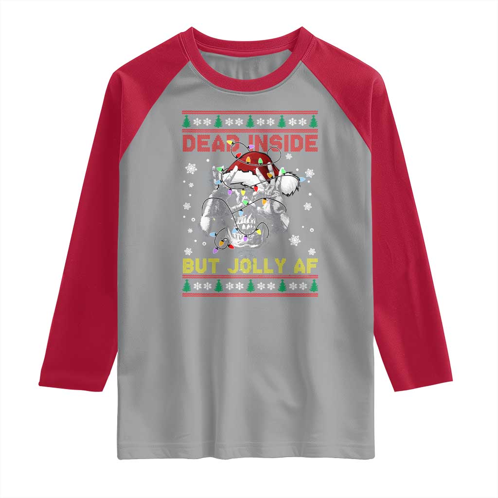 Funny Christmas Skeleton Raglan Shirt Dead Inside But Jolly AF Santa Hat - Wonder Print Shop