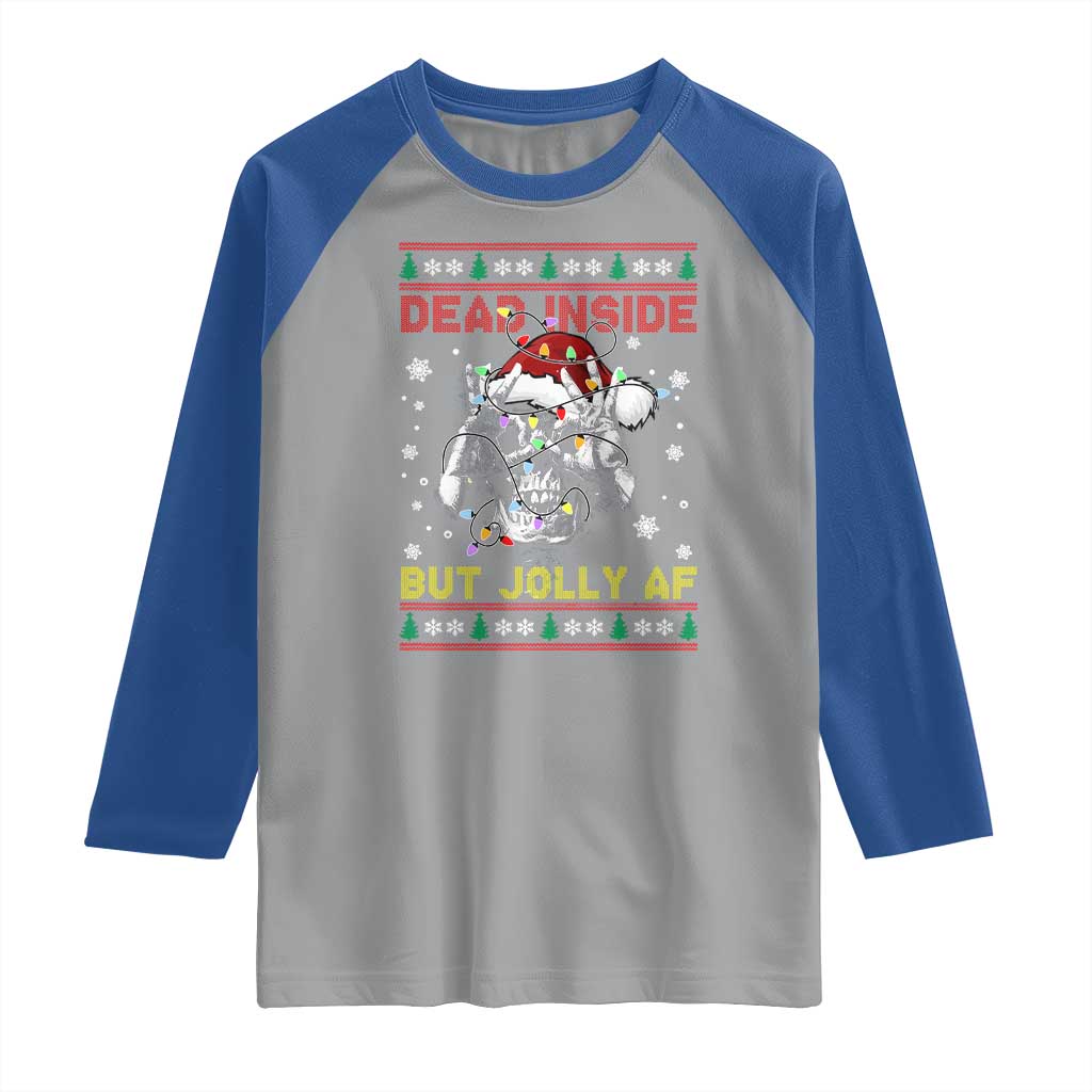 Funny Christmas Skeleton Raglan Shirt Dead Inside But Jolly AF Santa Hat - Wonder Print Shop