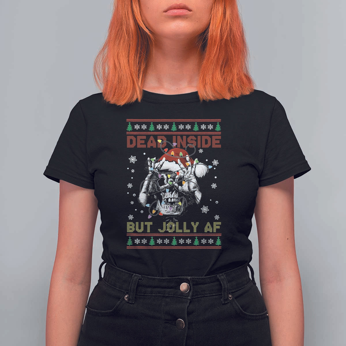 Funny Christmas Skeleton T Shirt For Women Dead Inside But Jolly AF Santa Hat - Wonder Print Shop