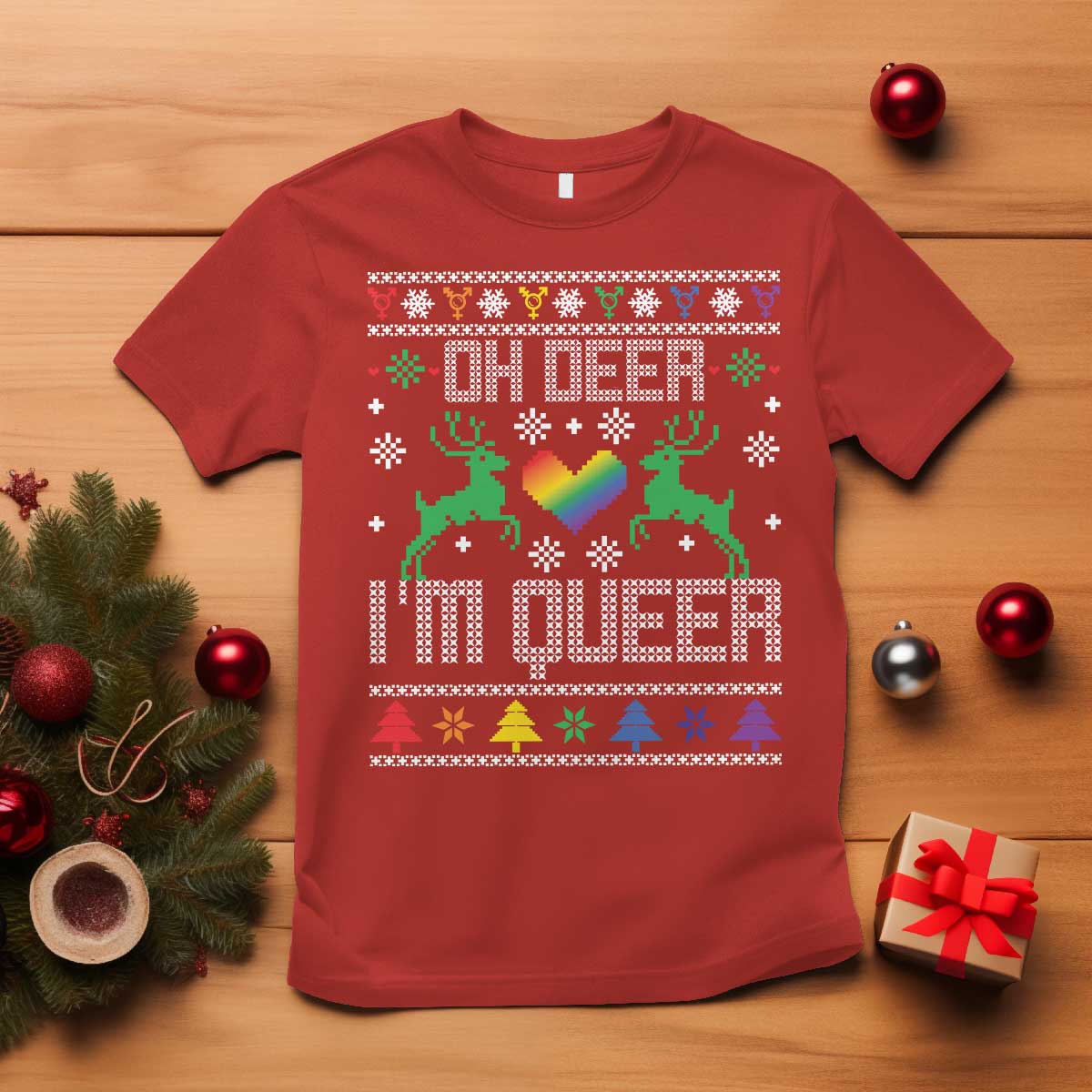 Funny LGBT Christmas T Shirt Oh Deer I'm Queer Rainbow LGBT Flag - Wonder Print Shop