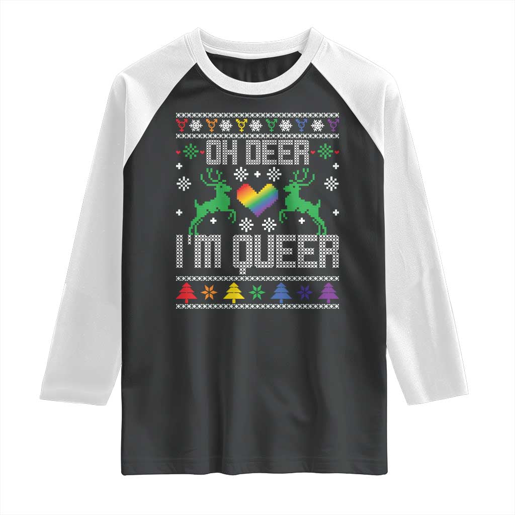 Funny LGBT Christmas Raglan Shirt Oh Deer I'm Queer Rainbow LGBT Flag - Wonder Print Shop