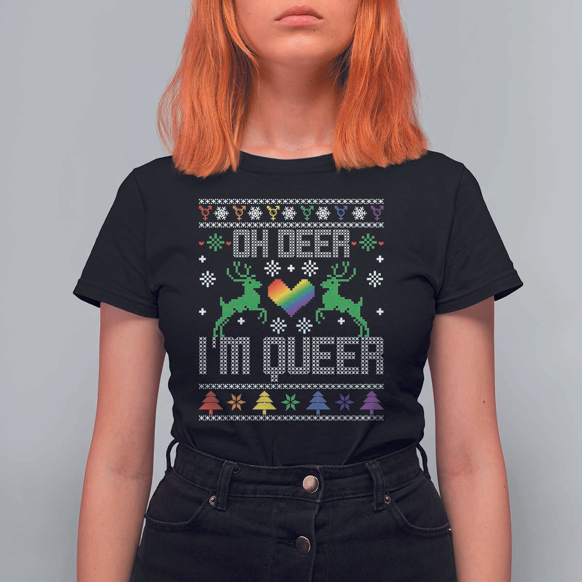 Funny LGBT Christmas T Shirt For Women Oh Deer I'm Queer Rainbow LGBT Flag - Wonder Print Shop