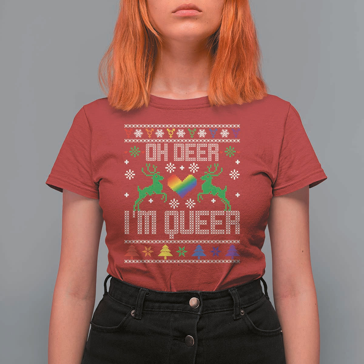 Funny LGBT Christmas T Shirt For Women Oh Deer I'm Queer Rainbow LGBT Flag - Wonder Print Shop