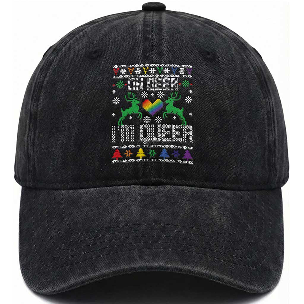 Funny LGBT Christmas Washed Cotton Baseball Cap Oh Deer I'm Queer Rainbow LGBT Flag