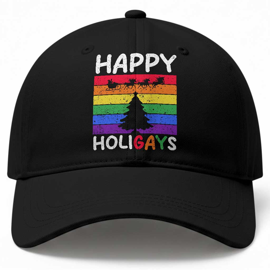 Funny LGBT Christmas Baseball Cap Happy Holigays Rainbow Stripes Unicorn Santa