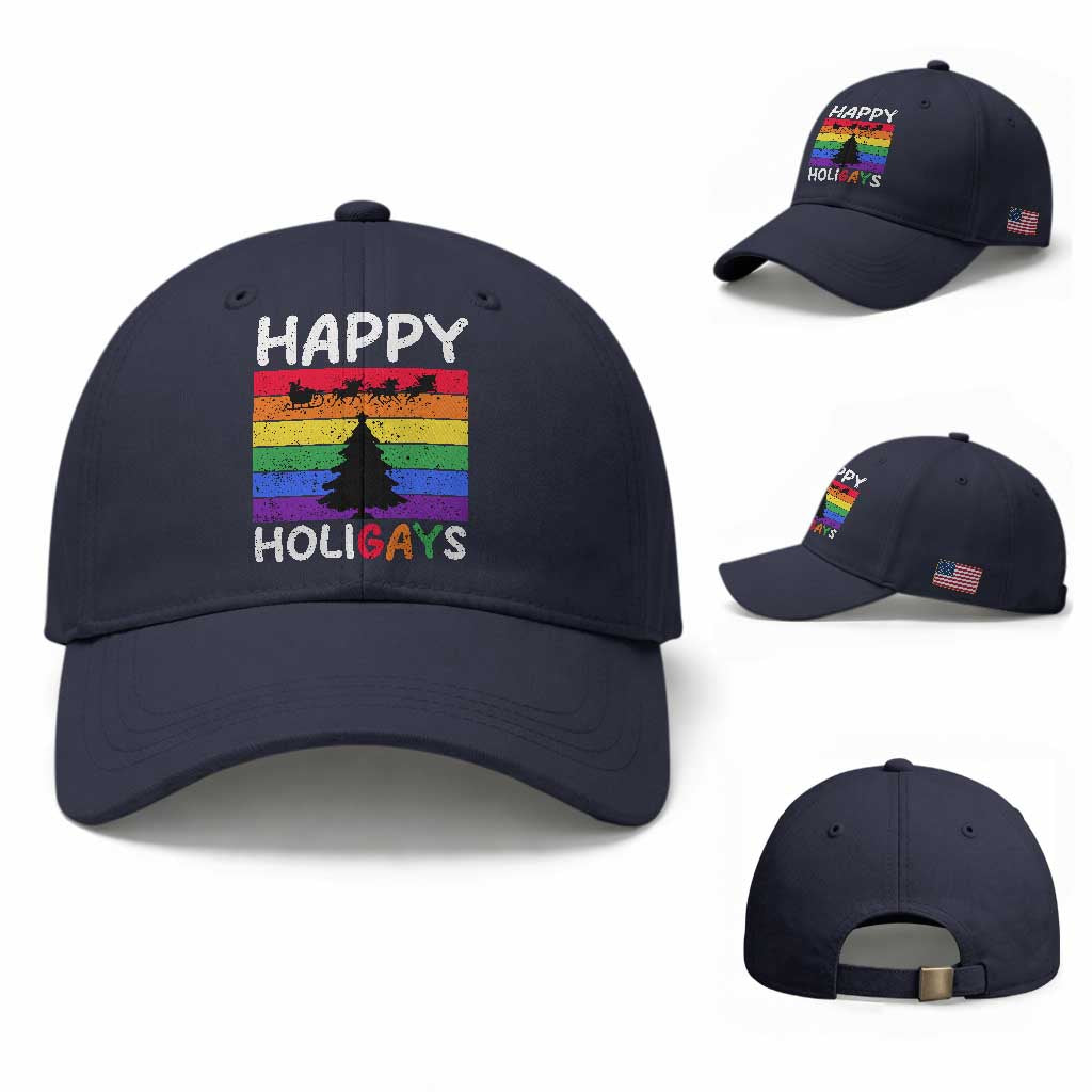 Funny LGBT Christmas Baseball Cap Happy Holigays Rainbow Stripes Unicorn Santa
