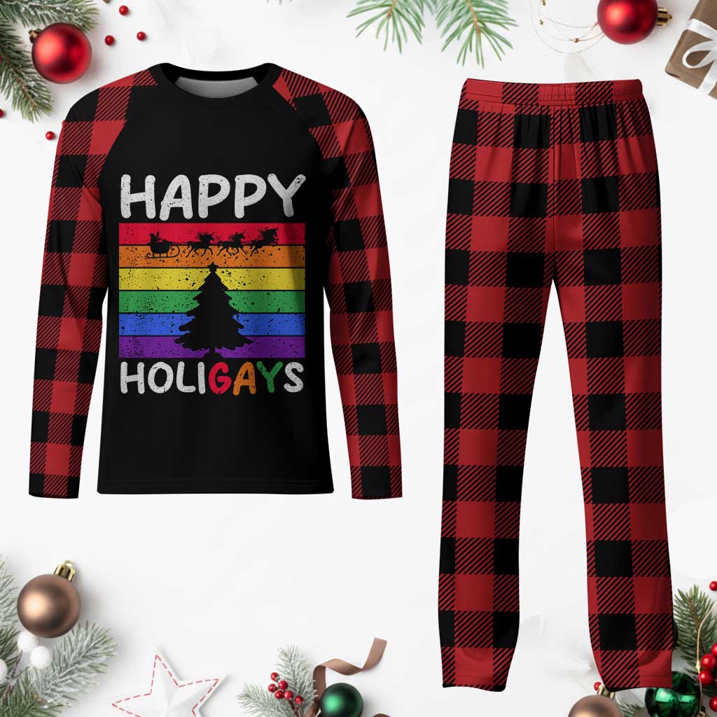 Funny LGBT Xmas Plaid Pajama Set Happy Holigays Rainbow Stripes Unicorn Santa - Wonder Print Shop