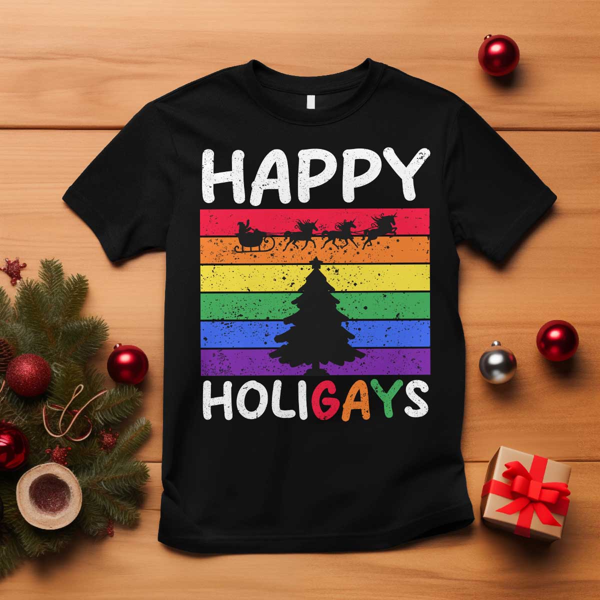 Funny LGBT Christmas T Shirt Happy Holigays Rainbow Stripes Unicorn Santa - Wonder Print Shop