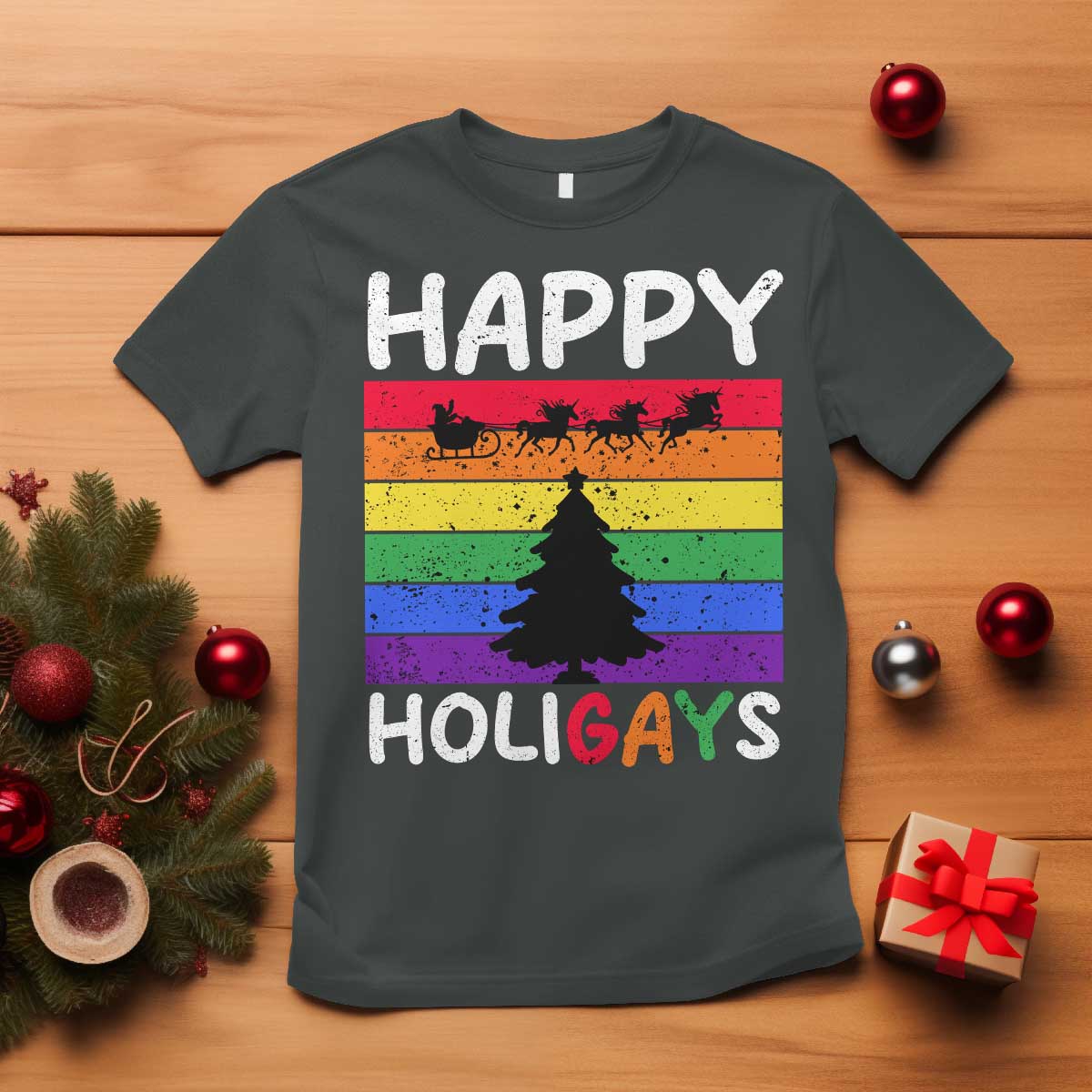 Funny LGBT Christmas T Shirt Happy Holigays Rainbow Stripes Unicorn Santa - Wonder Print Shop