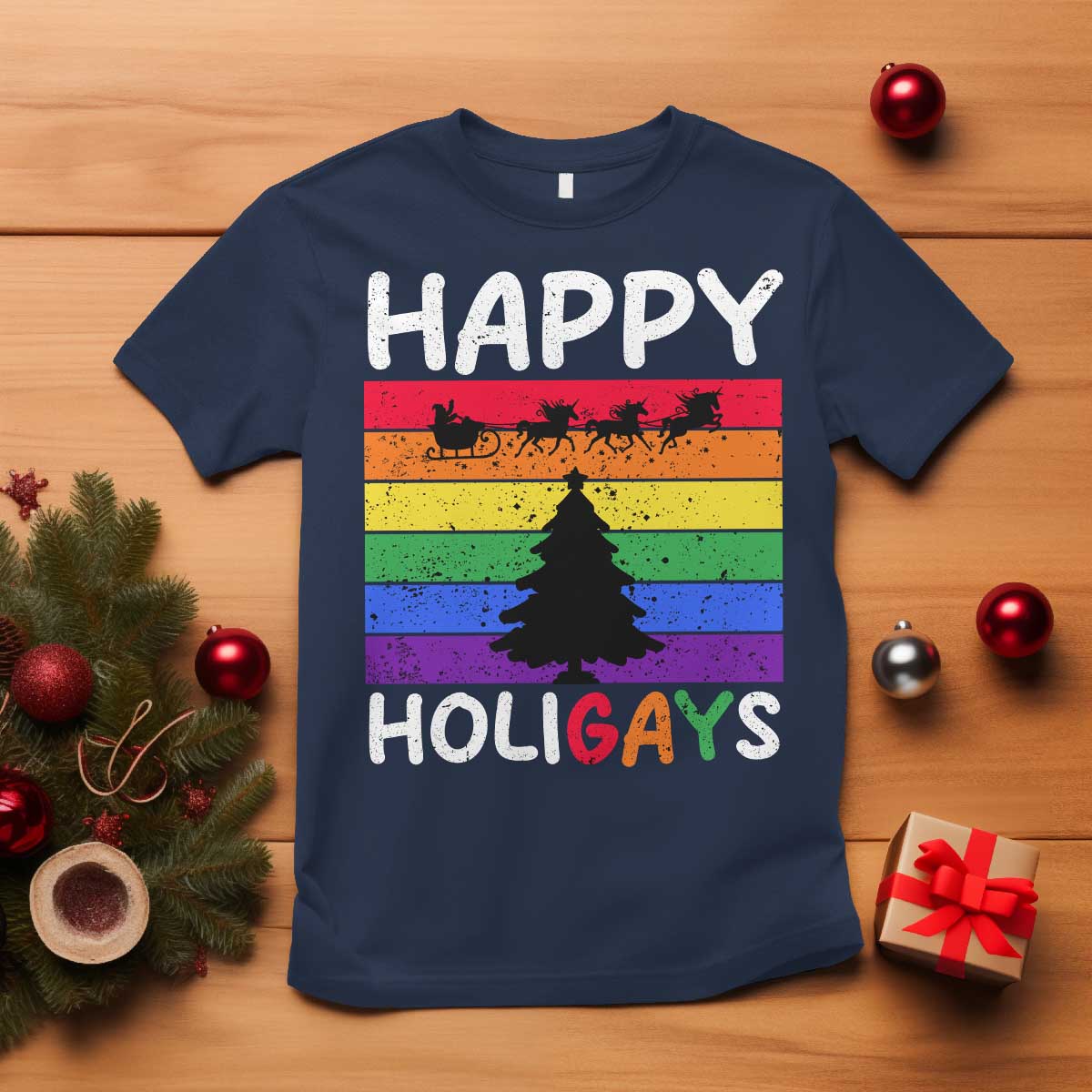 Funny LGBT Christmas T Shirt Happy Holigays Rainbow Stripes Unicorn Santa - Wonder Print Shop