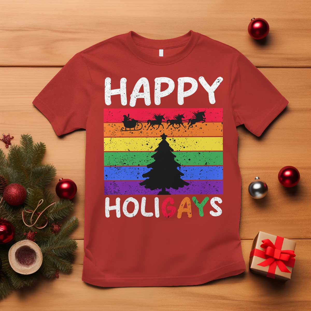 Funny LGBT Christmas T Shirt Happy Holigays Rainbow Stripes Unicorn Santa - Wonder Print Shop