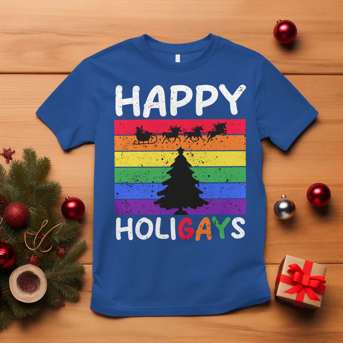Funny LGBT Christmas T Shirt Happy Holigays Rainbow Stripes Unicorn Santa - Wonder Print Shop
