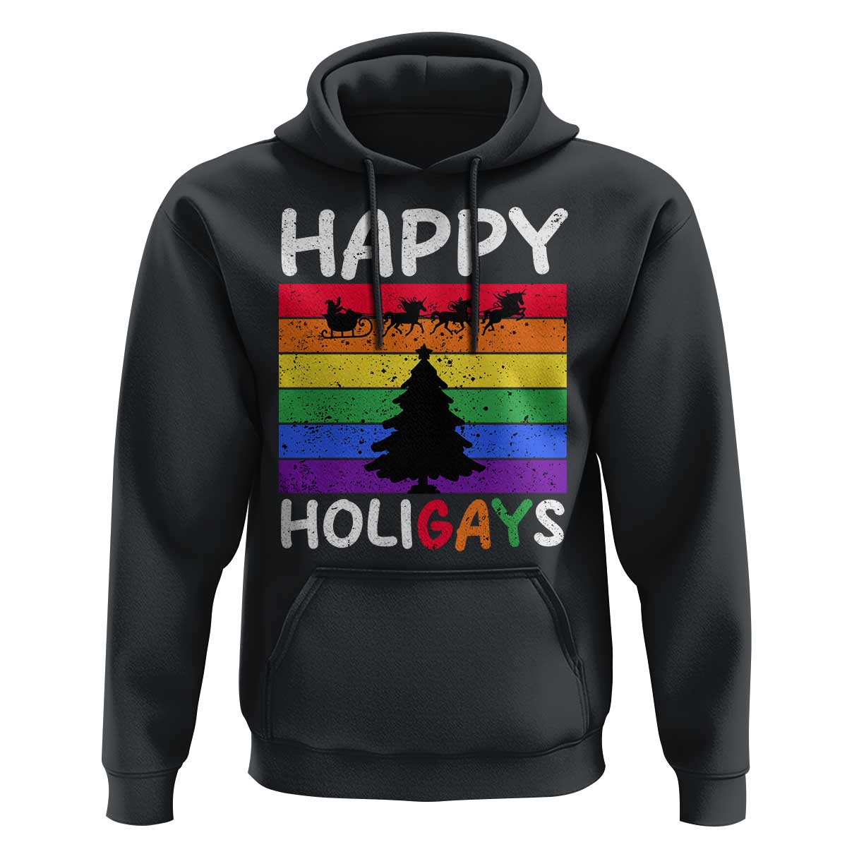 Funny LGBT Christmas Hoodie Happy Holigays Rainbow Stripes Unicorn Santa