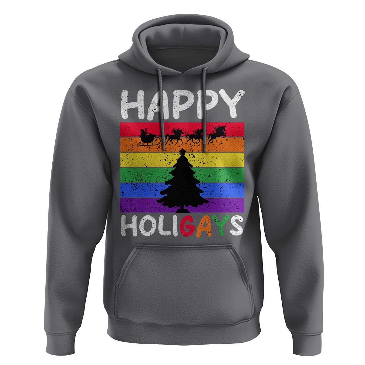 Funny LGBT Christmas Hoodie Happy Holigays Rainbow Stripes Unicorn Santa