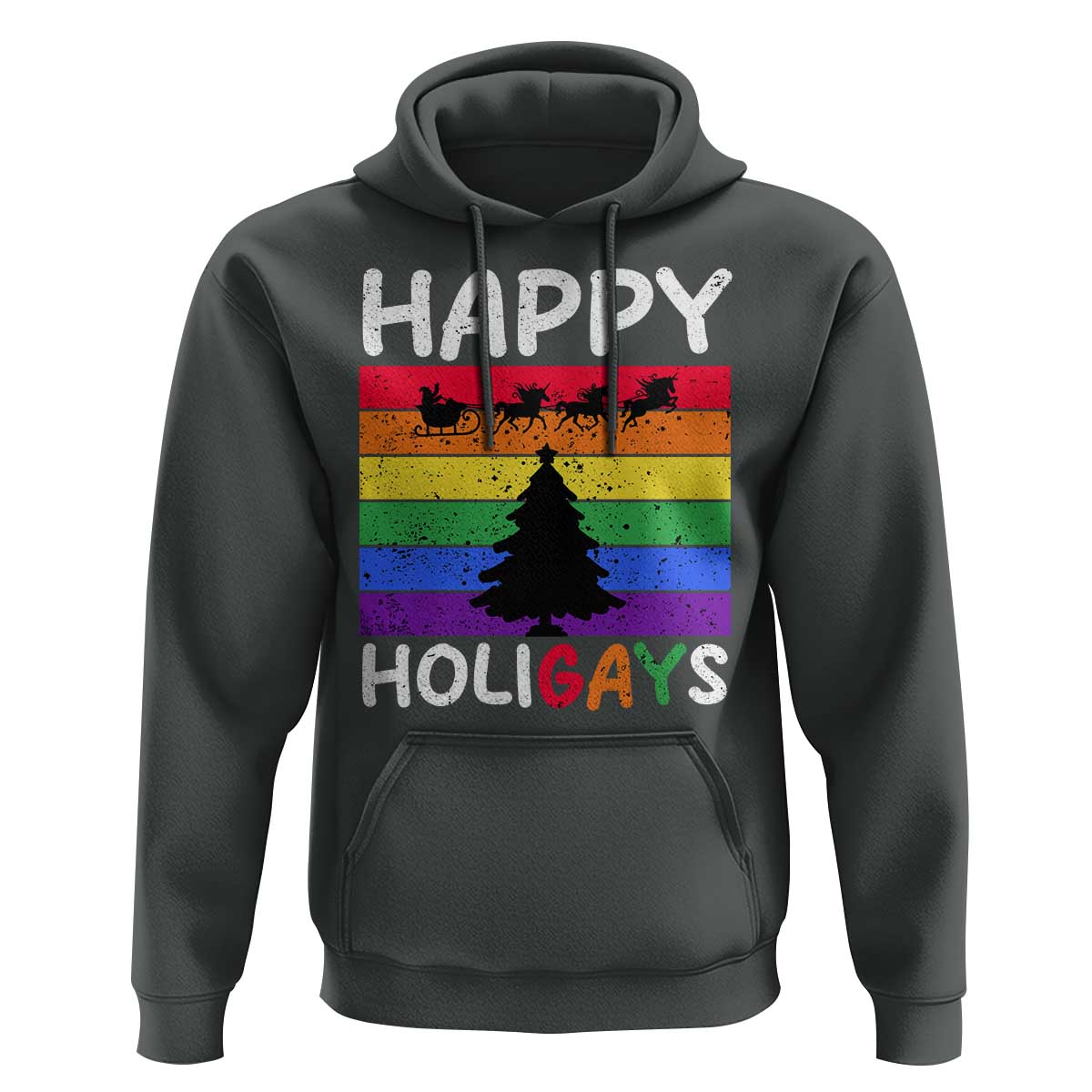 Funny LGBT Christmas Hoodie Happy Holigays Rainbow Stripes Unicorn Santa