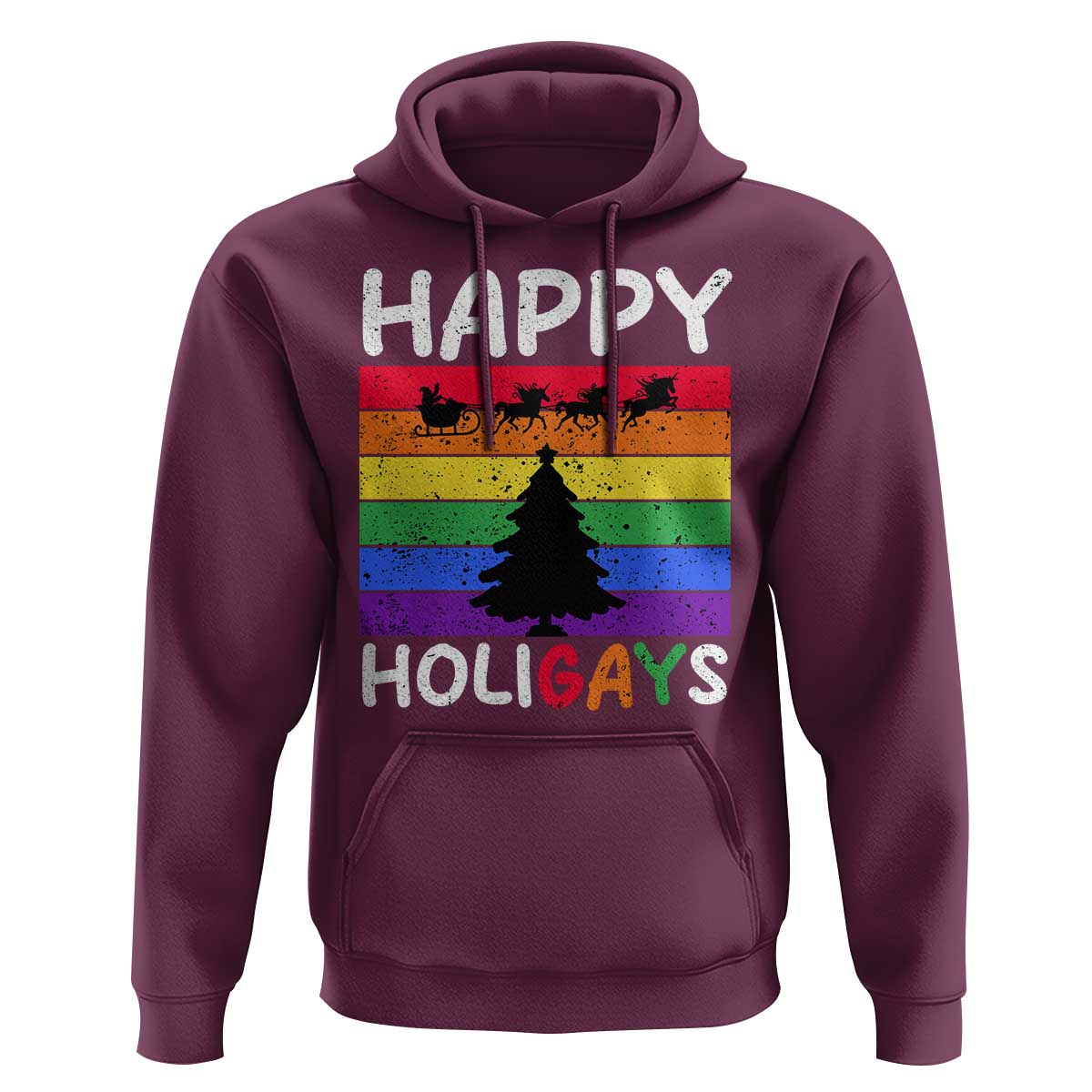 Funny LGBT Christmas Hoodie Happy Holigays Rainbow Stripes Unicorn Santa