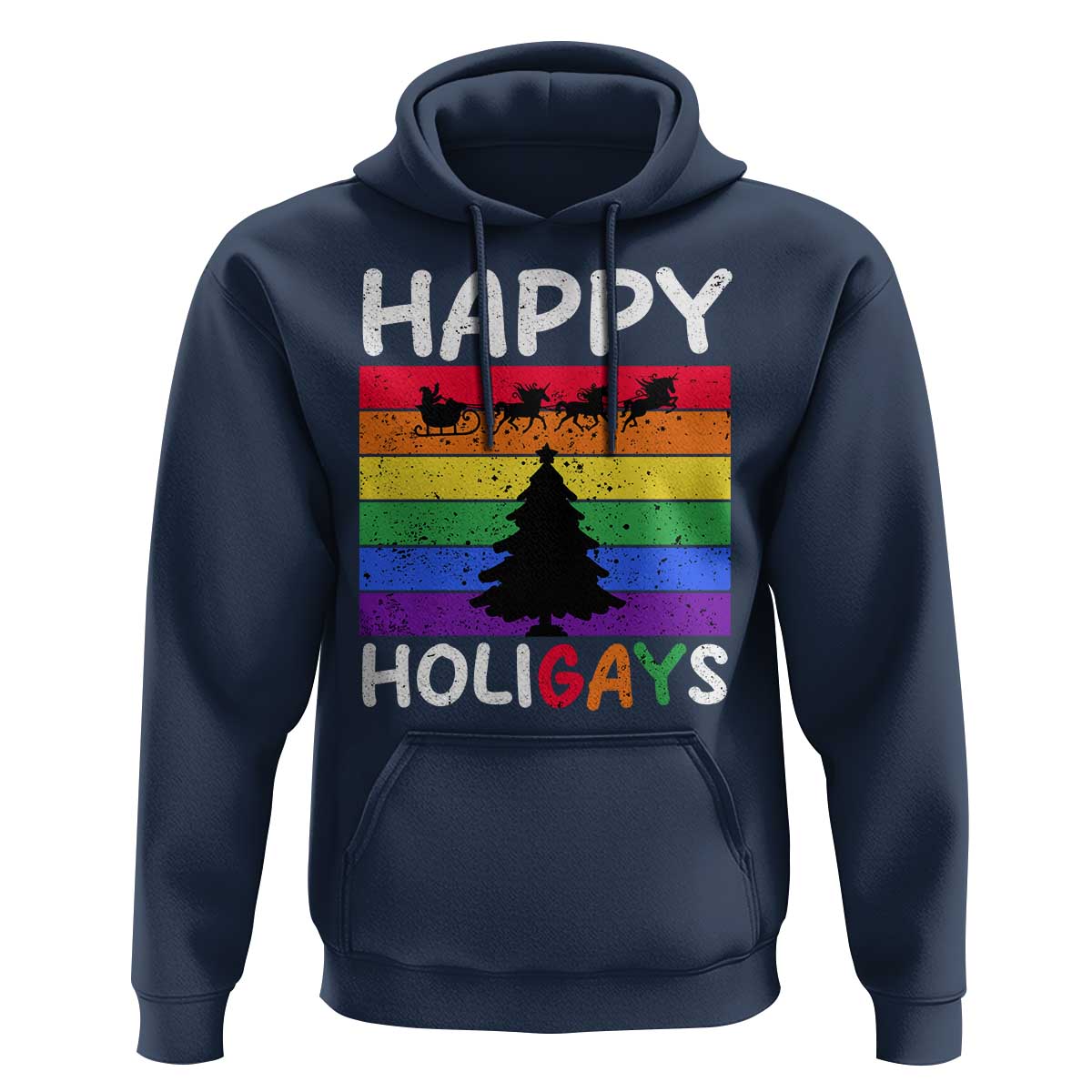 Funny LGBT Christmas Hoodie Happy Holigays Rainbow Stripes Unicorn Santa