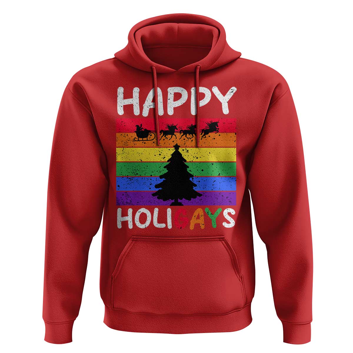 Funny LGBT Christmas Hoodie Happy Holigays Rainbow Stripes Unicorn Santa