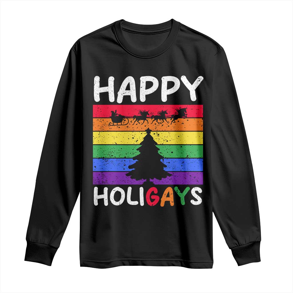 Funny LGBT Christmas Long Sleeve Shirt Happy Holigays Rainbow Stripes Unicorn Santa