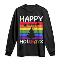 Funny LGBT Christmas Long Sleeve Shirt Happy Holigays Rainbow Stripes Unicorn Santa