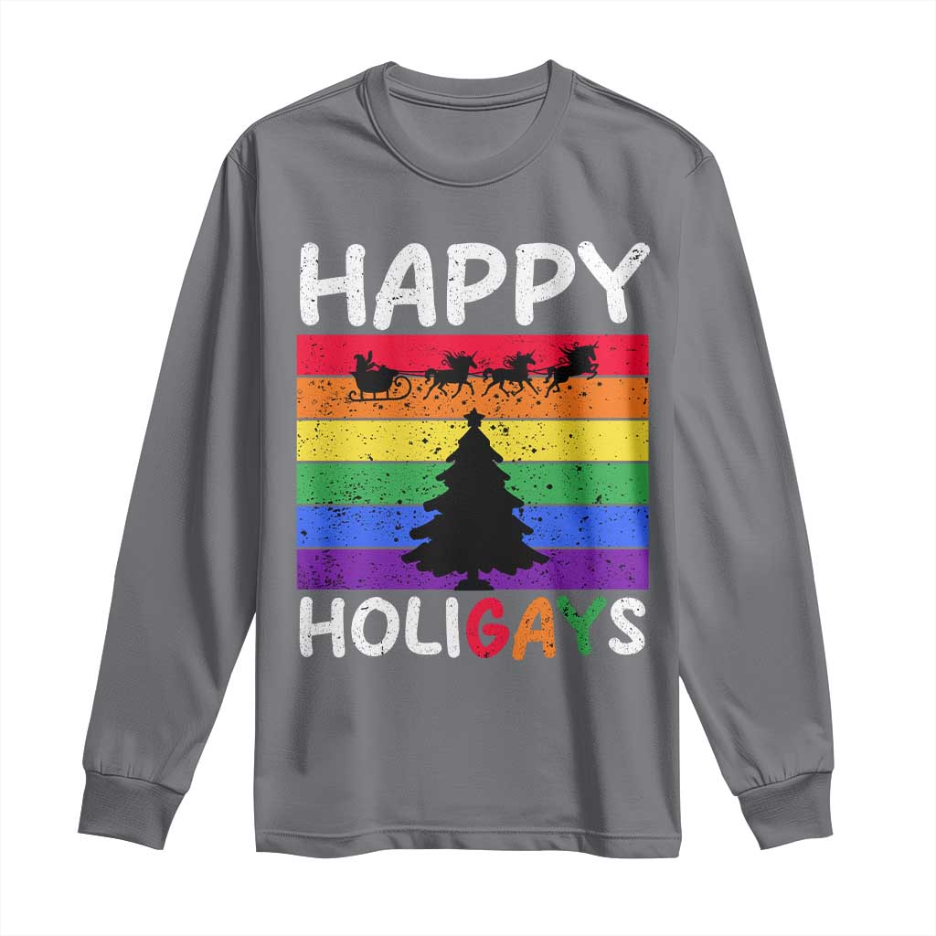 Funny LGBT Christmas Long Sleeve Shirt Happy Holigays Rainbow Stripes Unicorn Santa