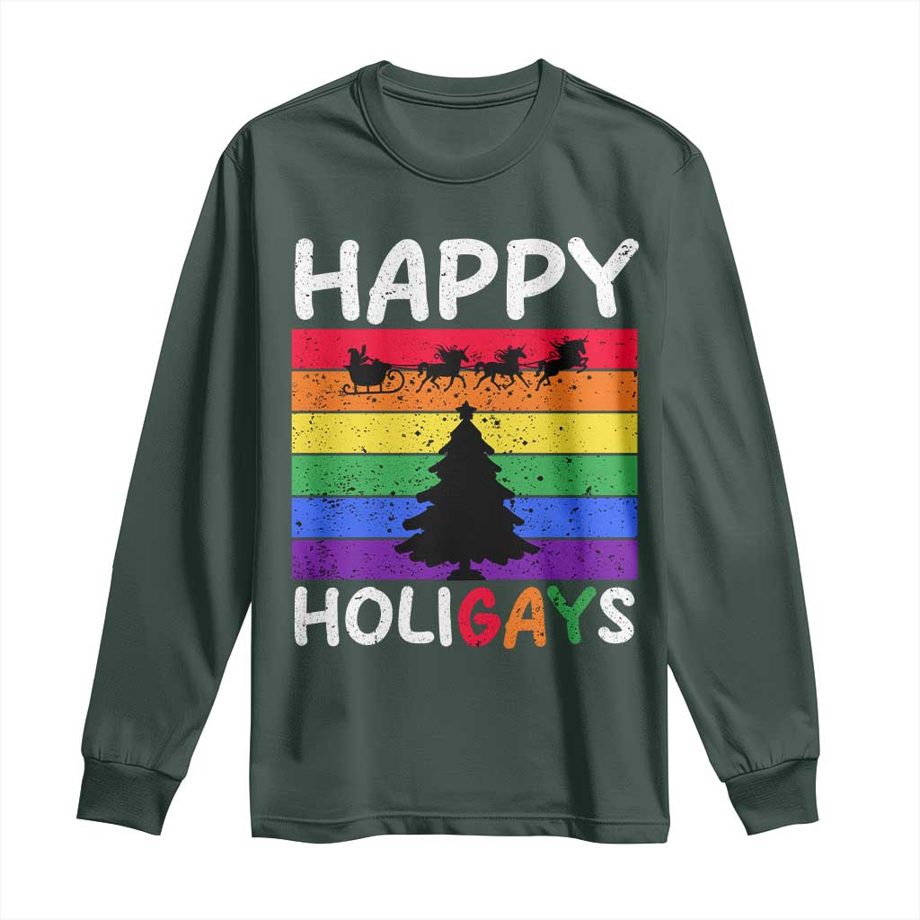 Funny LGBT Christmas Long Sleeve Shirt Happy Holigays Rainbow Stripes Unicorn Santa
