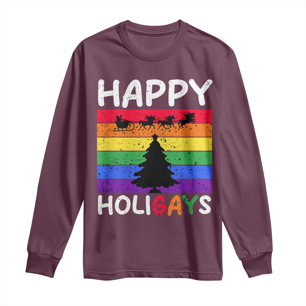 Funny LGBT Christmas Long Sleeve Shirt Happy Holigays Rainbow Stripes Unicorn Santa