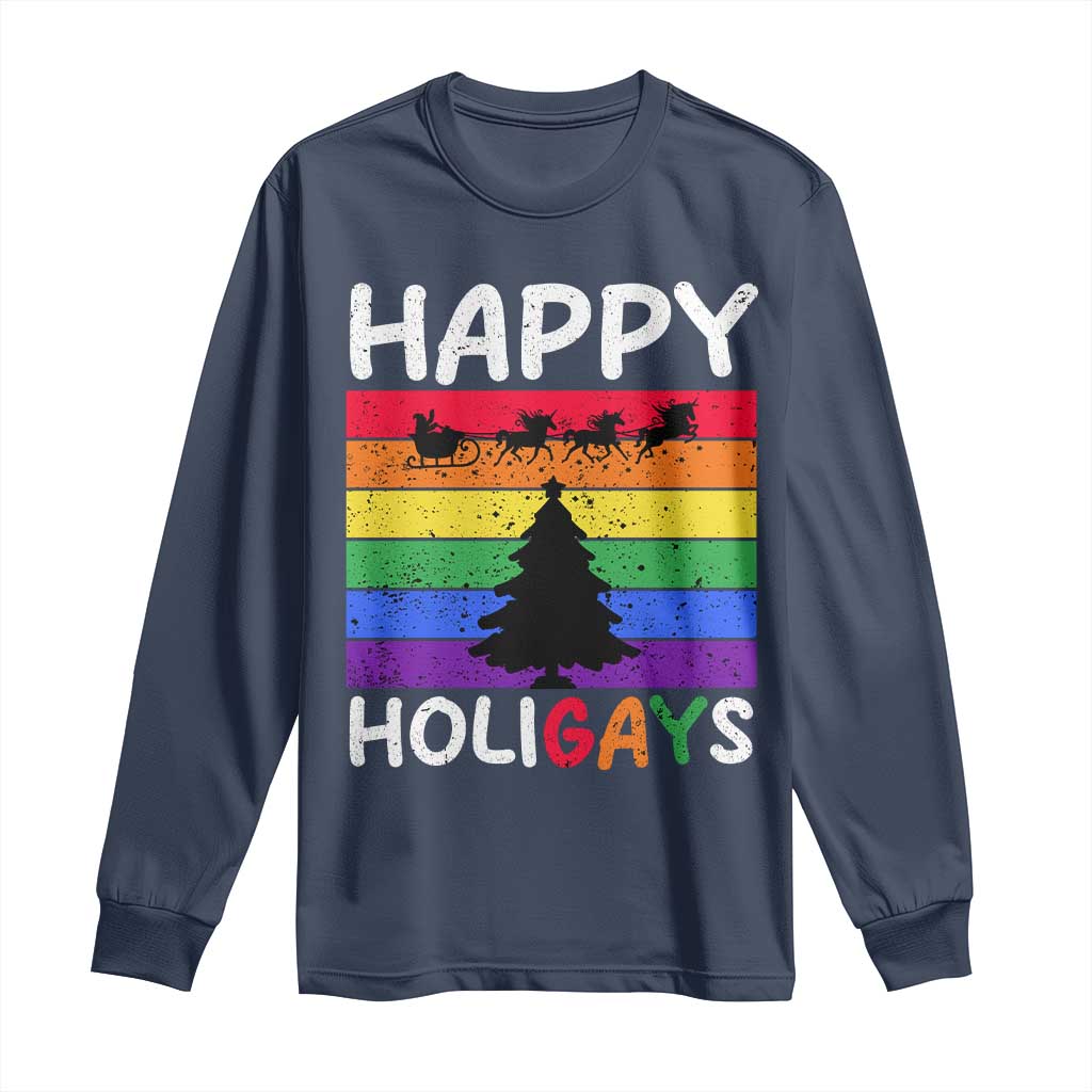 Funny LGBT Christmas Long Sleeve Shirt Happy Holigays Rainbow Stripes Unicorn Santa