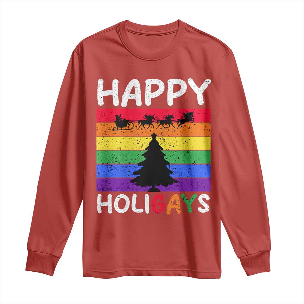 Funny LGBT Christmas Long Sleeve Shirt Happy Holigays Rainbow Stripes Unicorn Santa