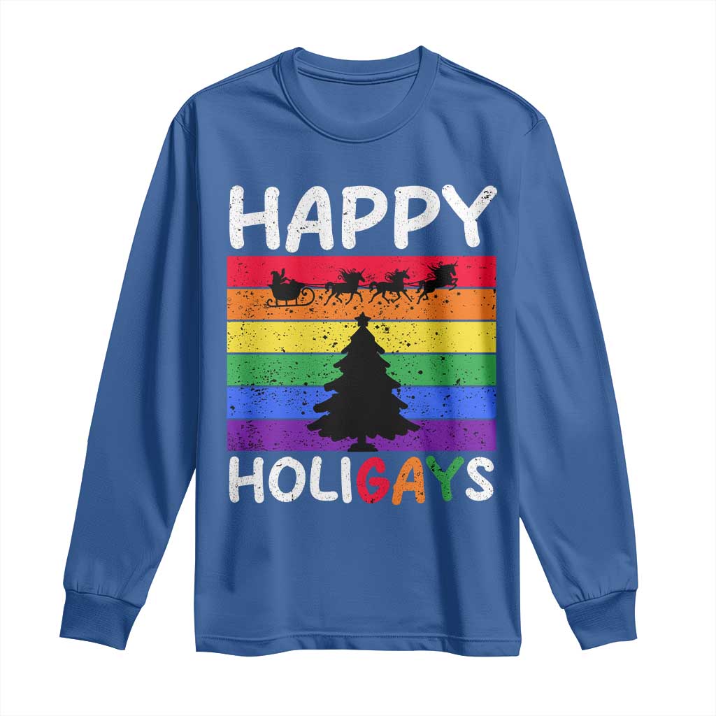 Funny LGBT Christmas Long Sleeve Shirt Happy Holigays Rainbow Stripes Unicorn Santa