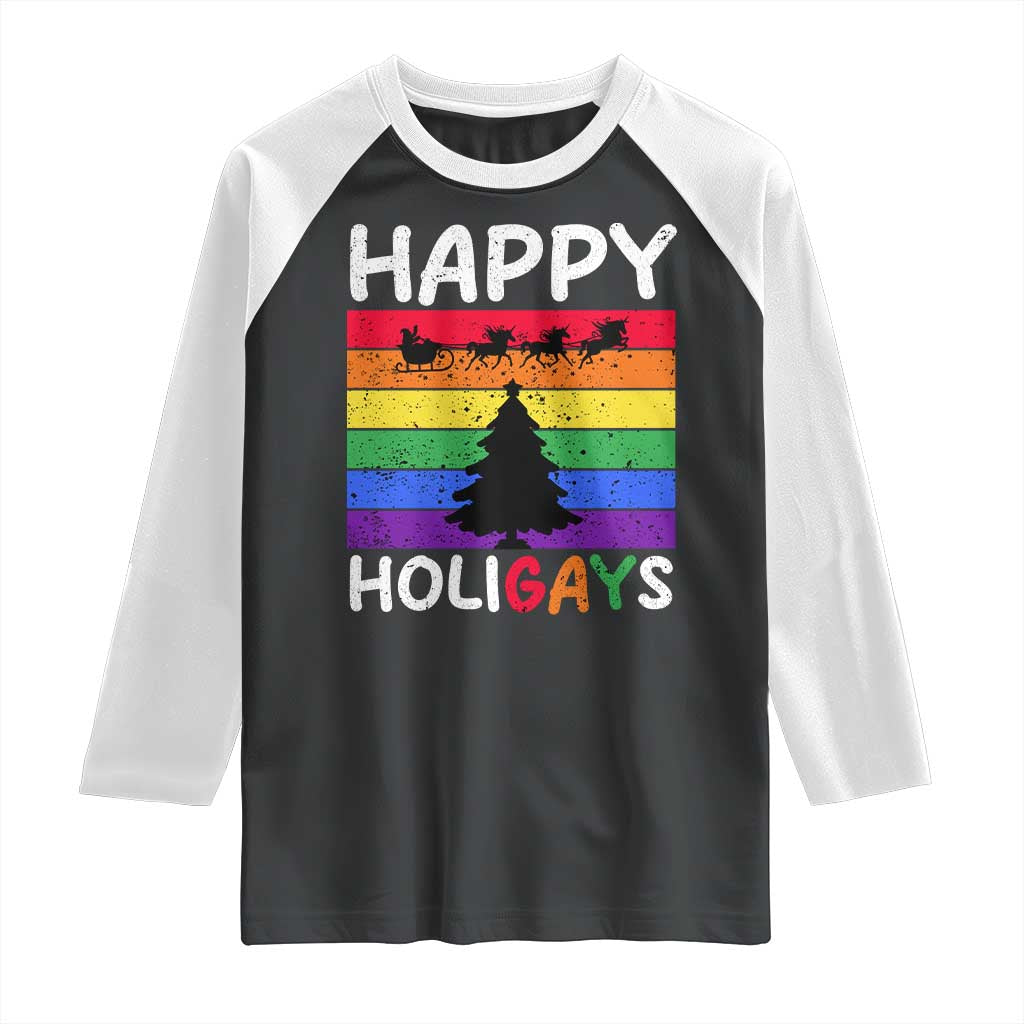 Funny LGBT Christmas Raglan Shirt Happy Holigays Rainbow Stripes Unicorn Santa - Wonder Print Shop